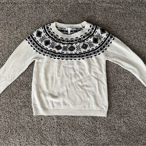 Charter Club Cream and Black Crew Neck Sweater with Fair Isle Design